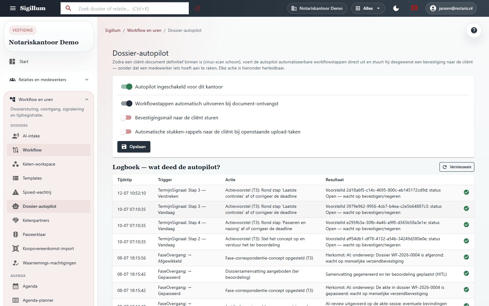 Dossier-autopilot in Sigillum met instelbare automatisering en een logboek van automatisch uitgevoerde workflowstappen, waarbij concepten wachten op menselijke verzendbevestiging