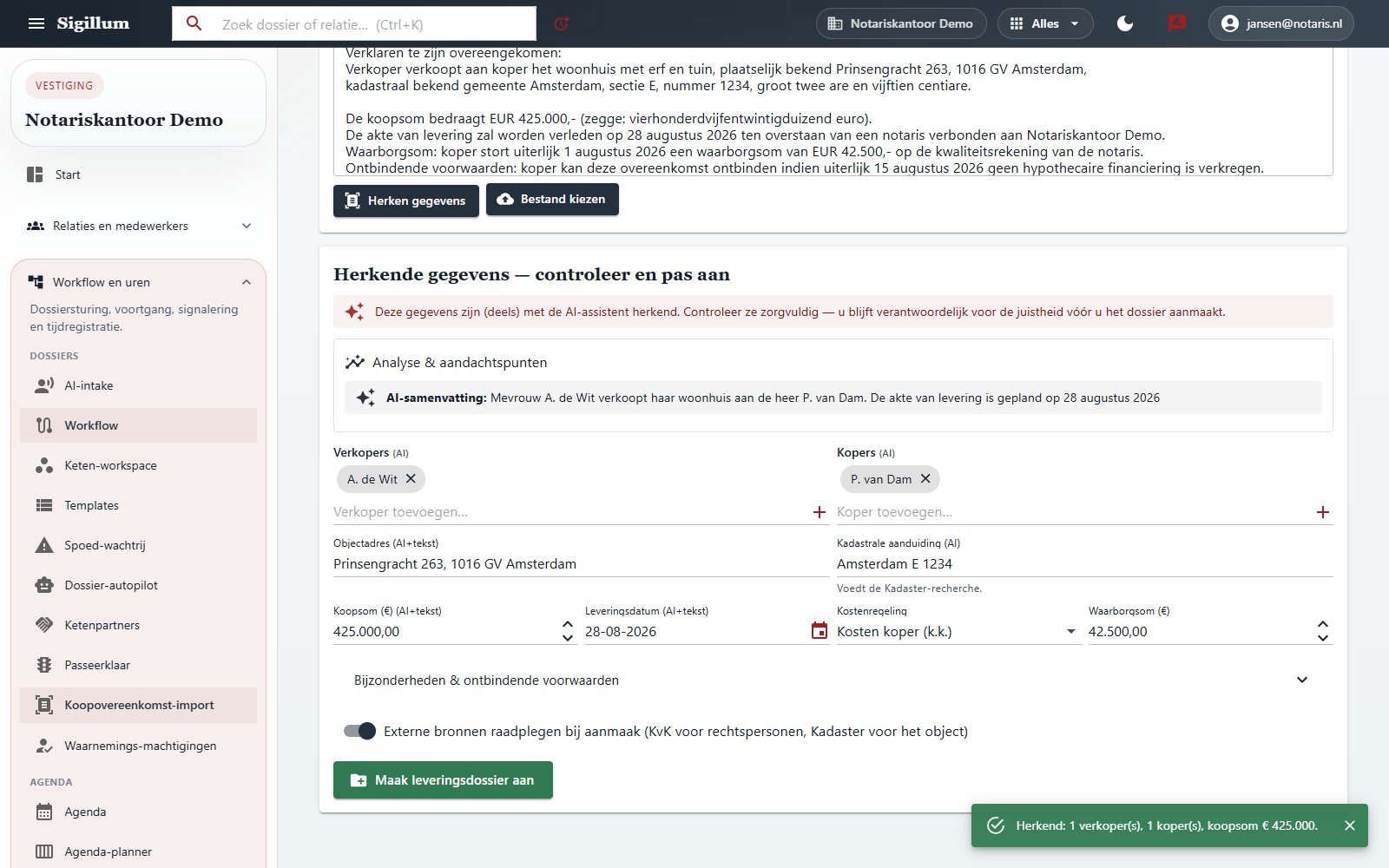Koopovereenkomst-import in Sigillum: herkende verkoper, koper, objectadres, koopsom en leveringsdatum, met controlestap vóór het aanmaken van het leveringsdossier