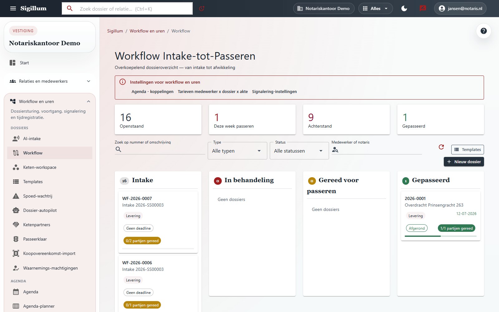 Sigillum-workflowoverzicht met dossiers per fase: intake, in behandeling, gereed voor passeren en gepasseerd, inclusief deadlines en partijstatus
