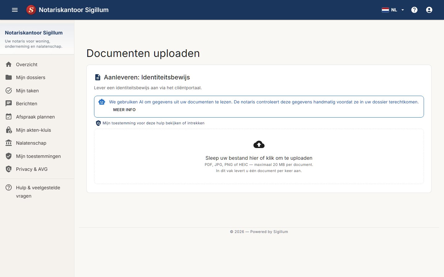 Het uploadscherm in het cliëntportaal met een uitleg over het uitlezen van gegevens en een vak om een bestand neer te zetten