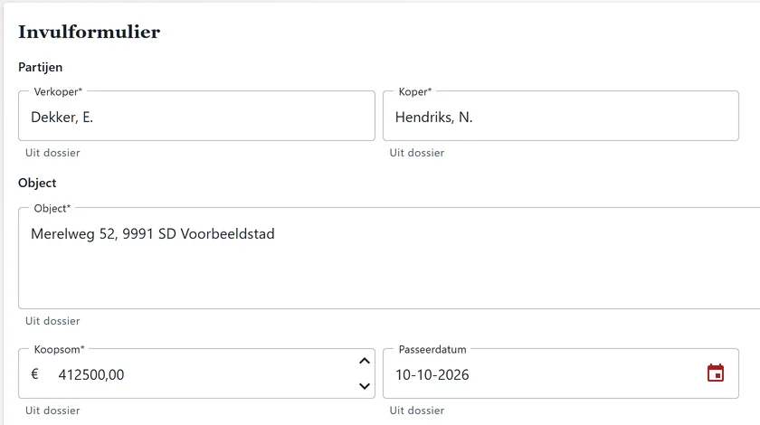 Het invulformulier van een leveringsakte in Sigillum: verkoper, koper, object, koopsom en passeerdatum zijn ingevuld, met onder elk veld de herkomst Uit dossier